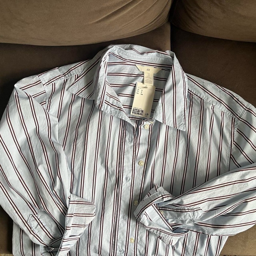 Blue, brown, and white striped buttonup shirt